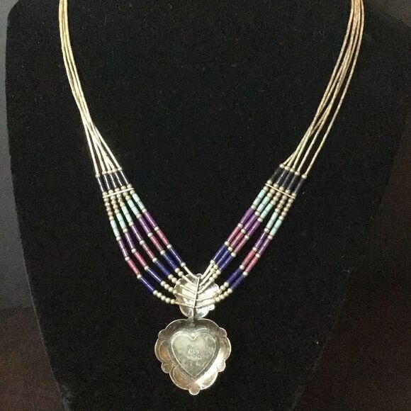 Necklace Vintage multistrand, Multicolor bead and heart sterling silver  - Picture 6 of 9